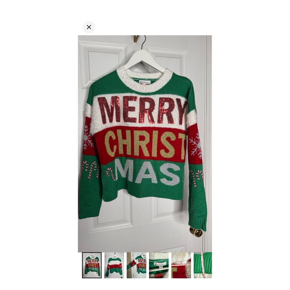 Jolly Sweaters Womens XL Merry Christmas Ugly Sweater Sequin Fuzzy Colorblock
